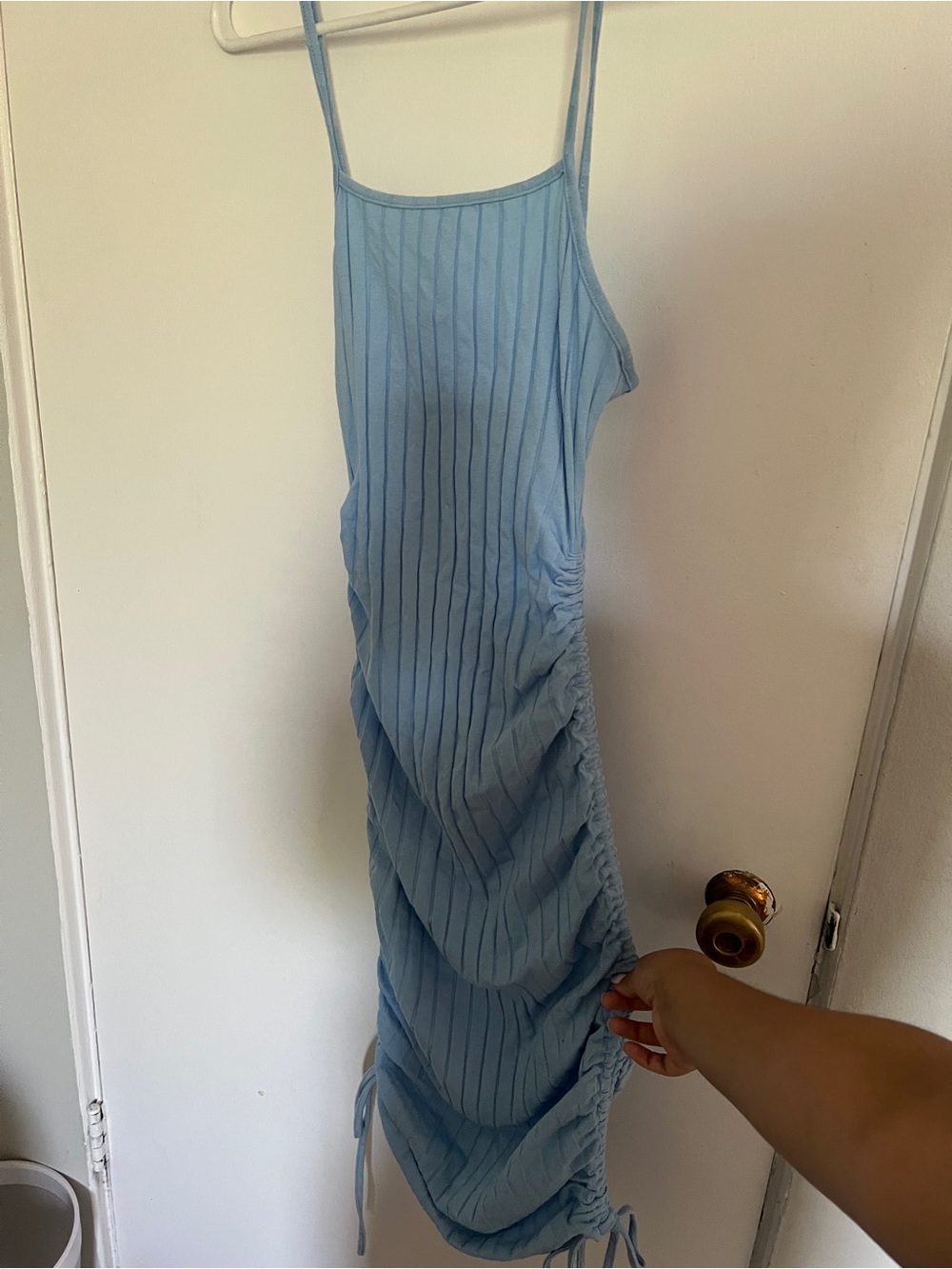 SHEIN Light Blue Ribbed Ruched Midi Slip Dress